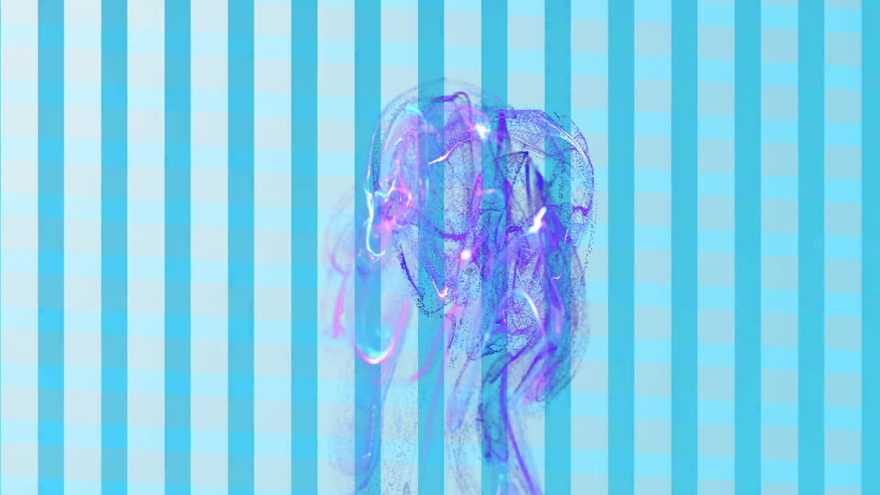 Glowing animation of blue and purple abstract shapes over striped background