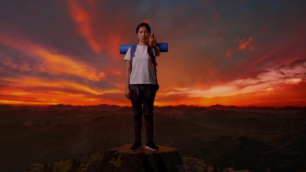 mujer caminando al atardecer con un gesto de parada