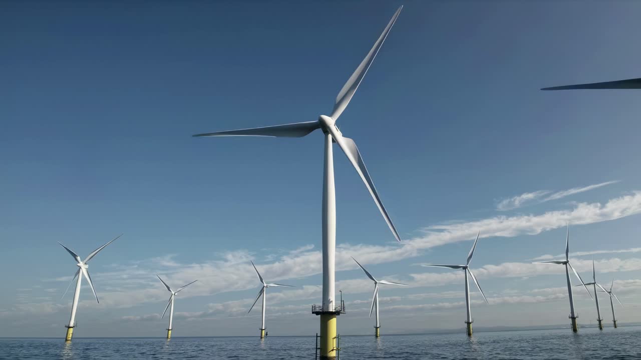 Wide-angle shot of offshore wind turbines against a clear sky, capturing renewable energy concepts