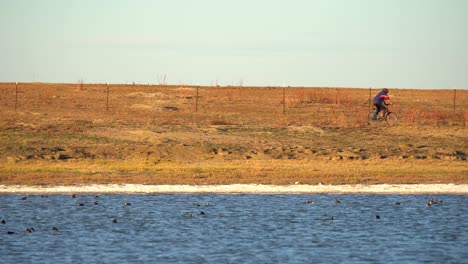 Ciclista-Montando-En-Un-Sendero-Junto-A-Un-Lago