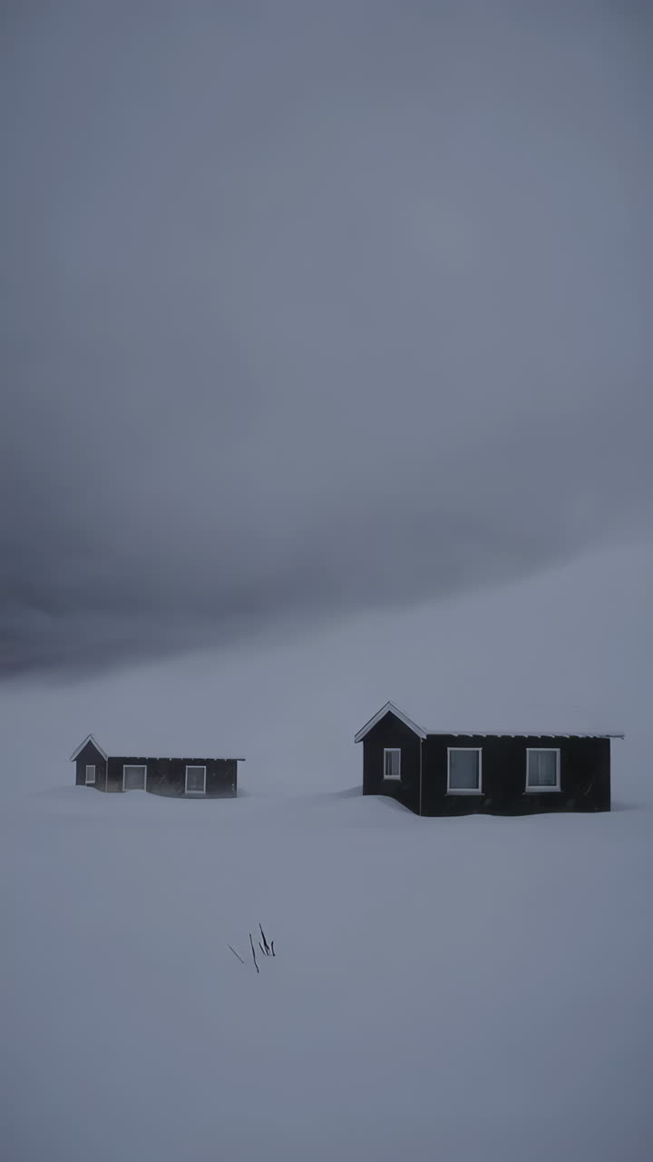 Snowy Landscape with Dark Cabins