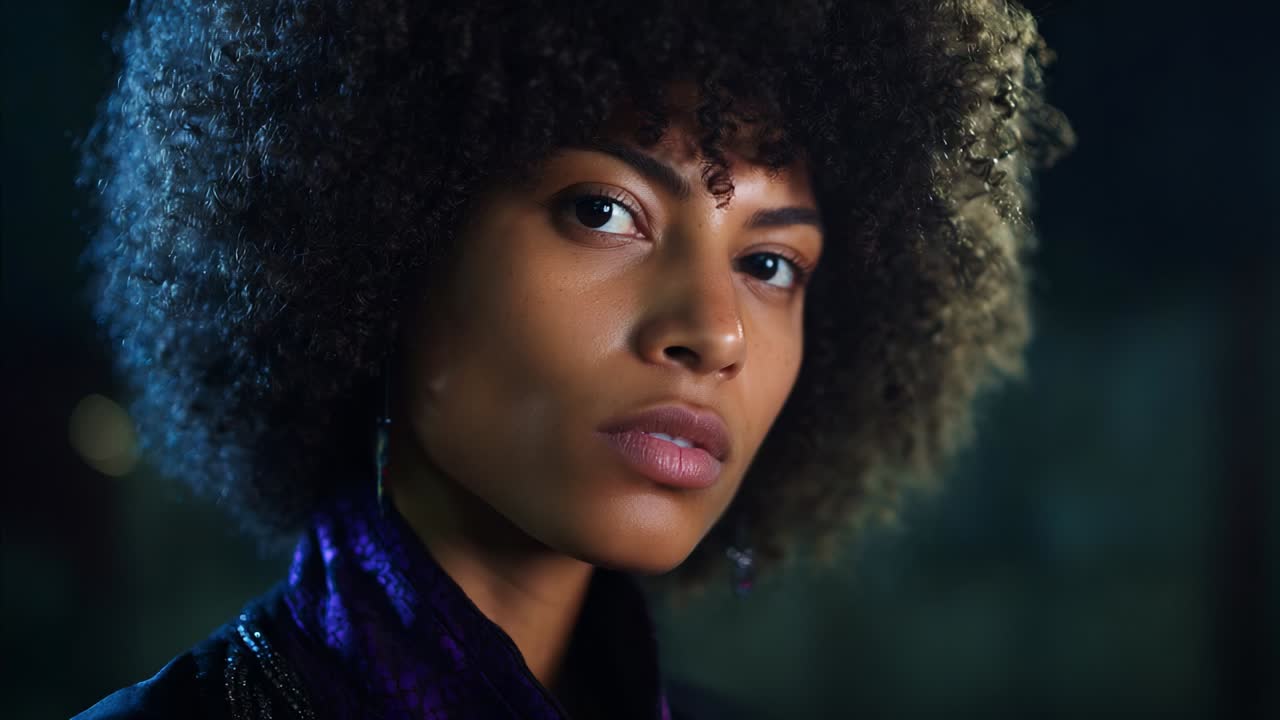 A captivating portrait featuring a woman with striking curly hair and a focused expression, evoking a sense of mystery and depth in a visually rich, atmospheric setting that invites contemplation