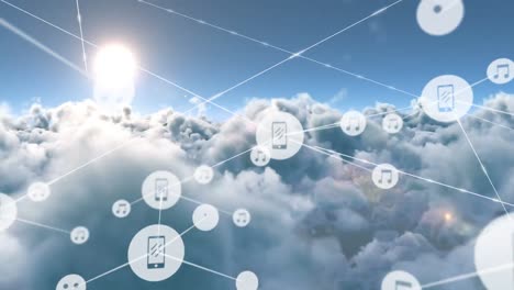 animation of network of connections with icons over clouds on sky