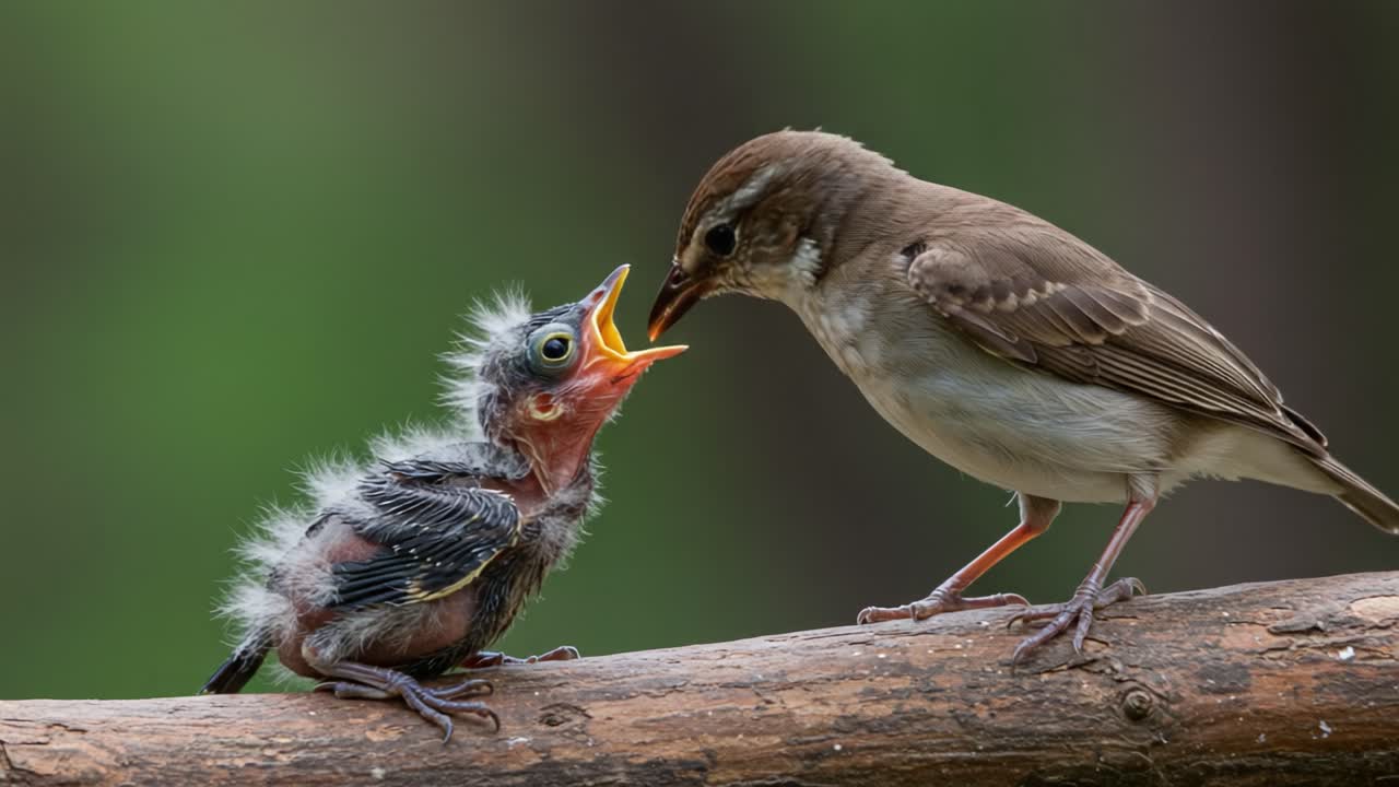 A tender moment captured in nature as a parent bird feeds its hungry chick, showcasing the beauty of nurturing and the bond between avian family members