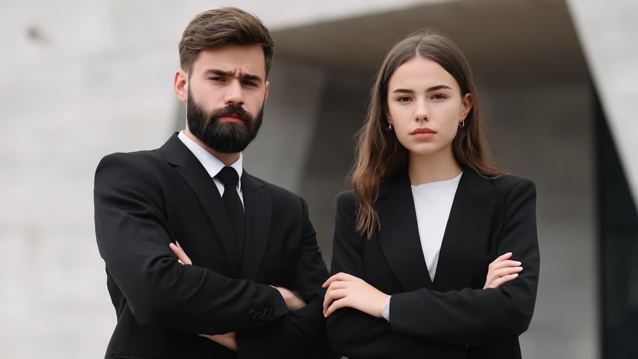 A Confident Young Professional Couple in Formal Attire Displaying Determination and Focus Against a Modern Architectural Background