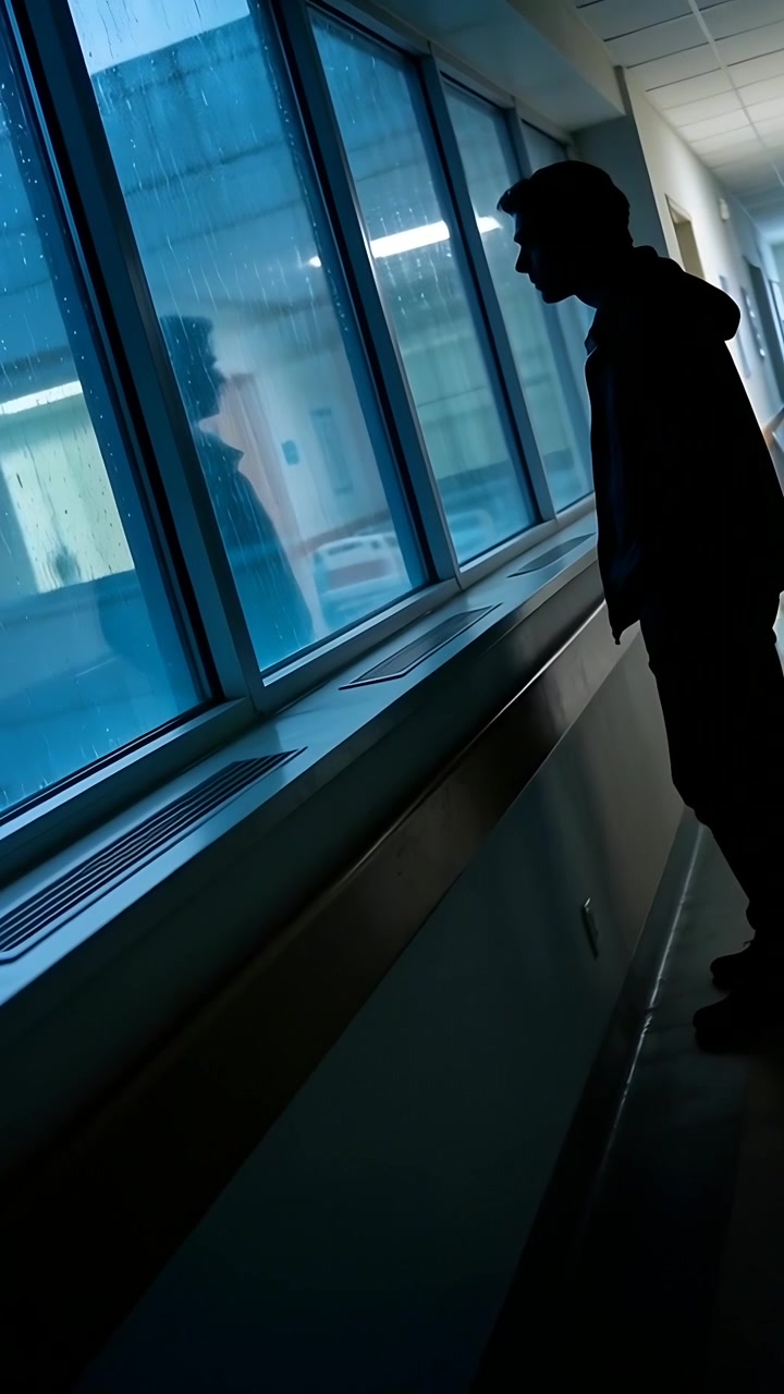 Video verticale: Uomo con felpa con cappuccio che cammina in un corridoio verso finestre piovose, fissando il vetro, con spazio per il testo.