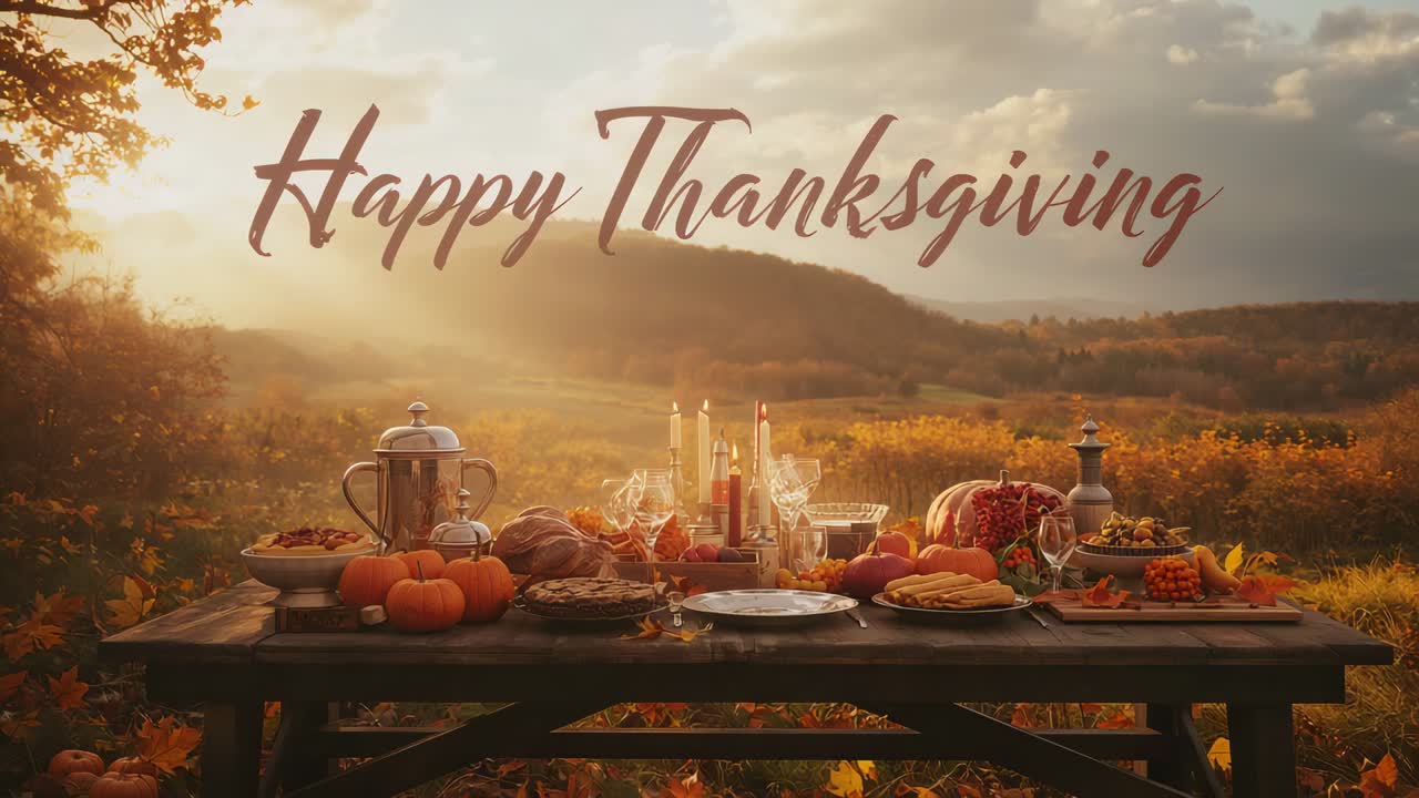 Sunlight warming rustic wooden table for Happy Thanksgiving greeting in golden fields, pumpkins