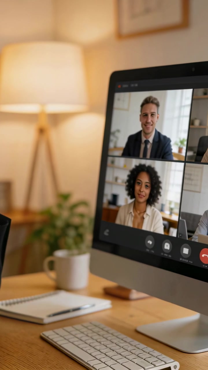 Vertical video: Joining call, man in suit reaching mug listening to screen at home desk, copy space