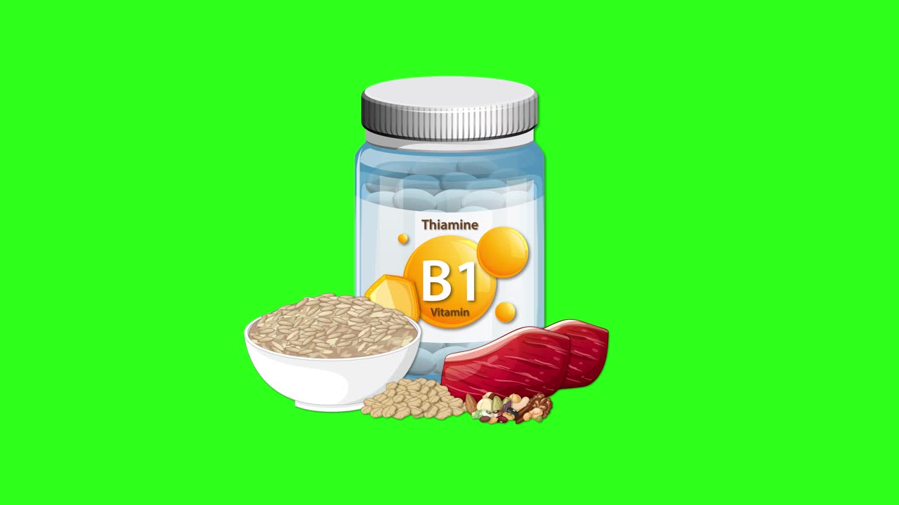 Vitamin B1 bottle and food ingredients appear together, static center composition, bright green background
