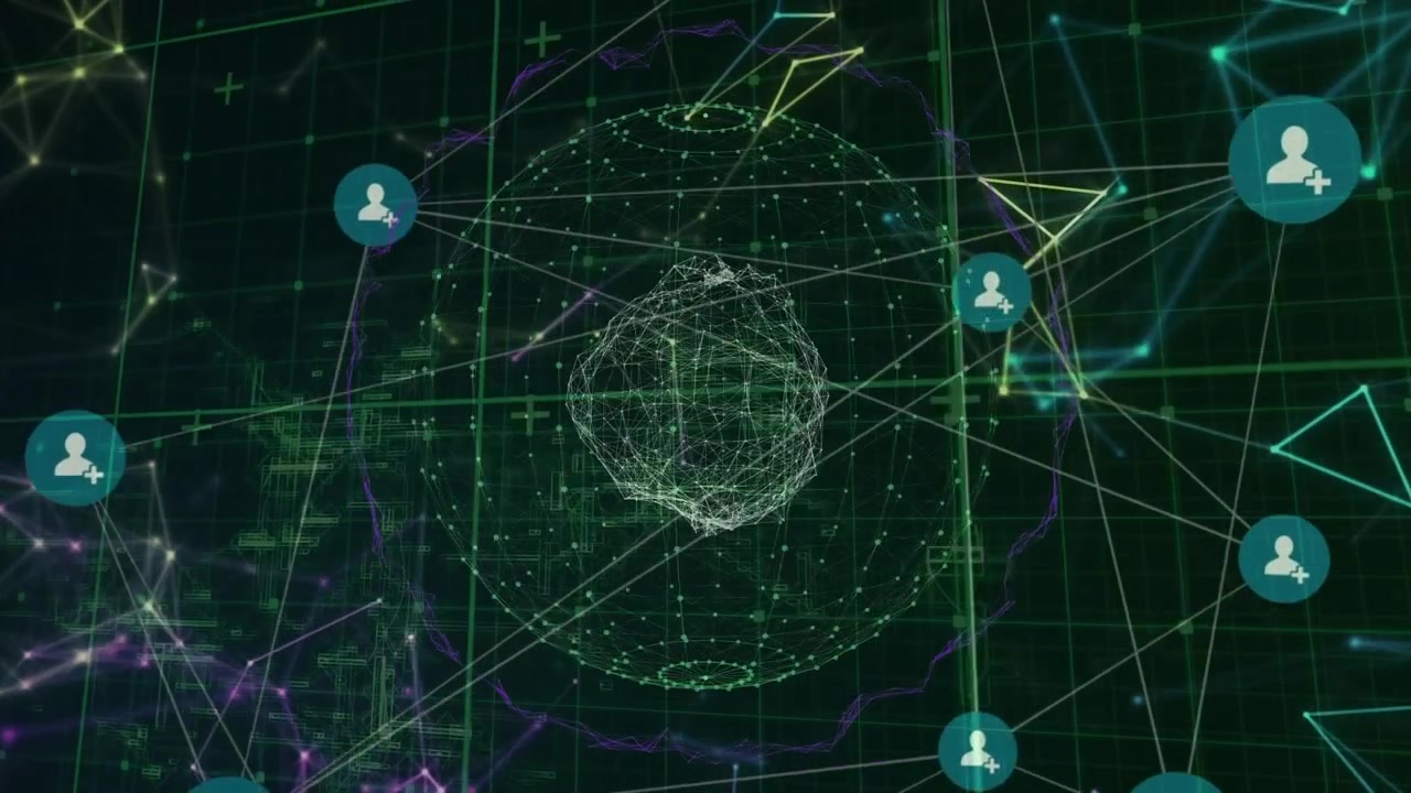 Animation of network of connections with icons over globe and data processing on black background