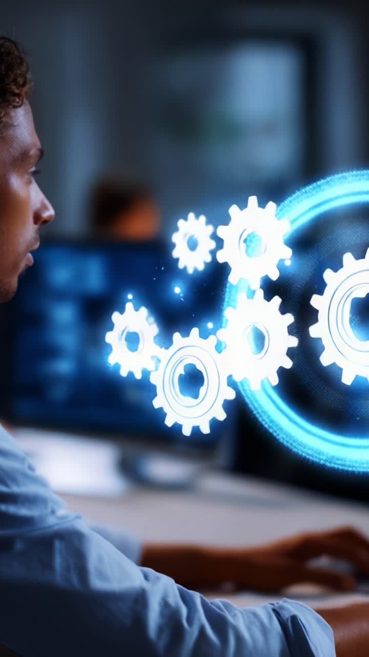A focused individual engages with advanced technology as digital gears and mechanisms animate on the screen, representing innovation and problem-solving in a modern workspace