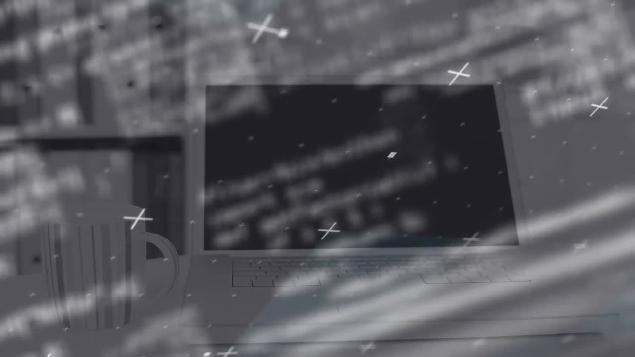 노트북으로 비어있는 사무실에서 데이터 처리의 애니메이션