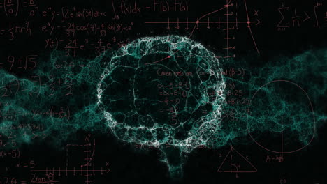 animación de ecuaciones matemáticas sobre un modelo digital del cerebro humano sobre un fondo negro
