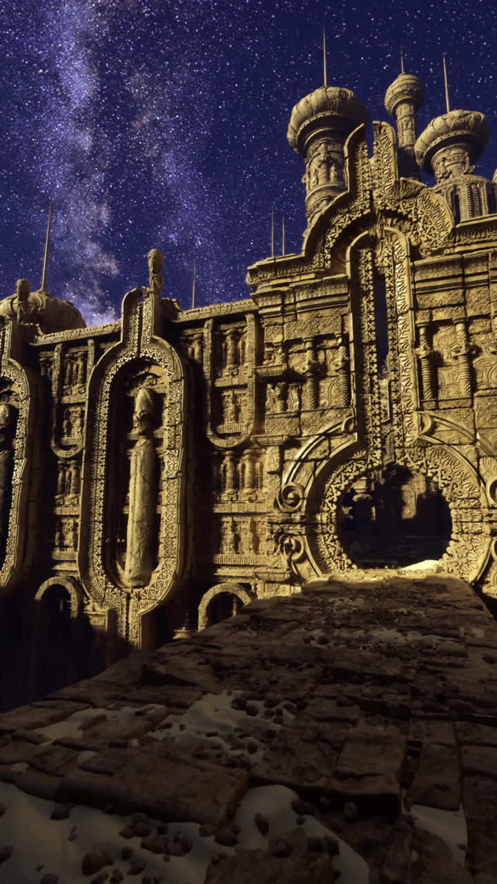 Majestic ancient structure illuminated by a starlit sky at night