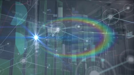 animación de conexiones, luz con halo y procesamiento de datos en pantalla digital.