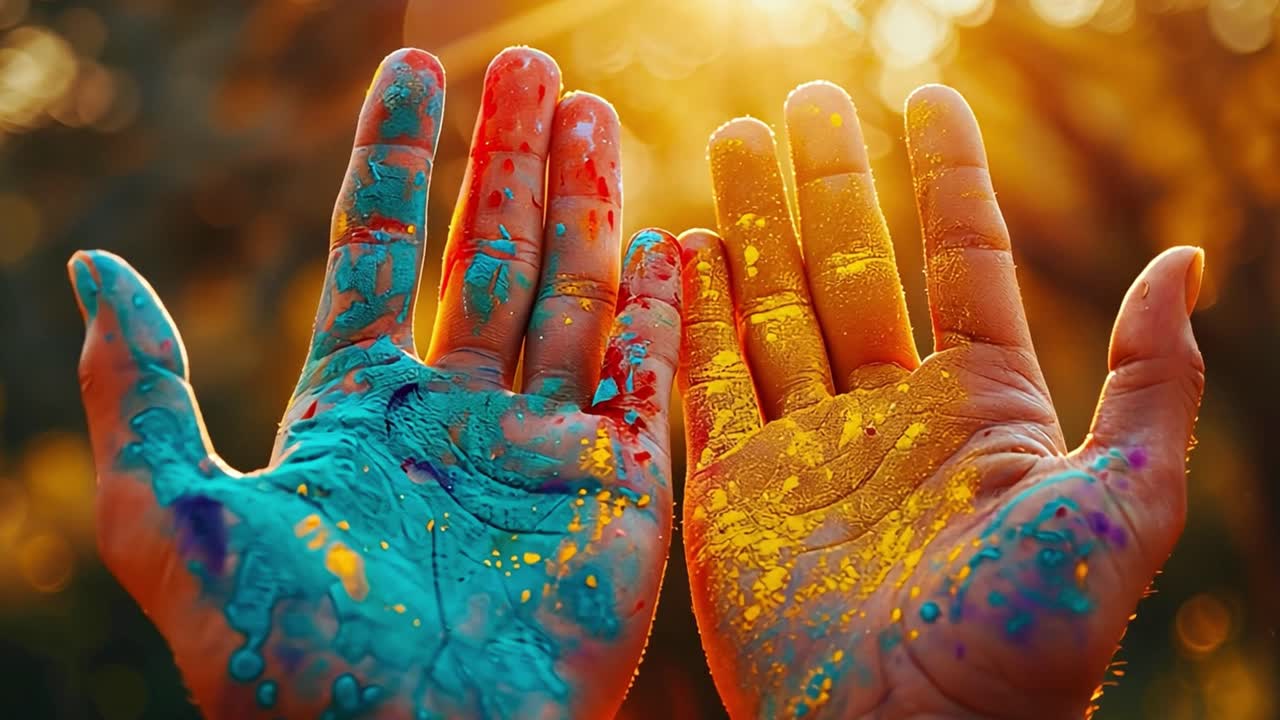 Vibrant Hands Covered in Colors during a Festival