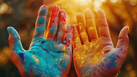 vibrant hands covered in colors during a festival