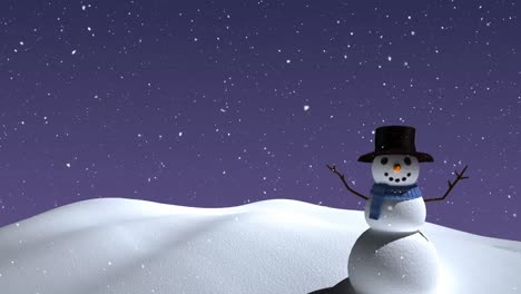 Animation-Von-Schnee,-Der-über-Einen-Schneemann-In-Einer-Winterlandschaft-Vor-Violettem-Hintergrund-Mit-Kopierraum-Fällt