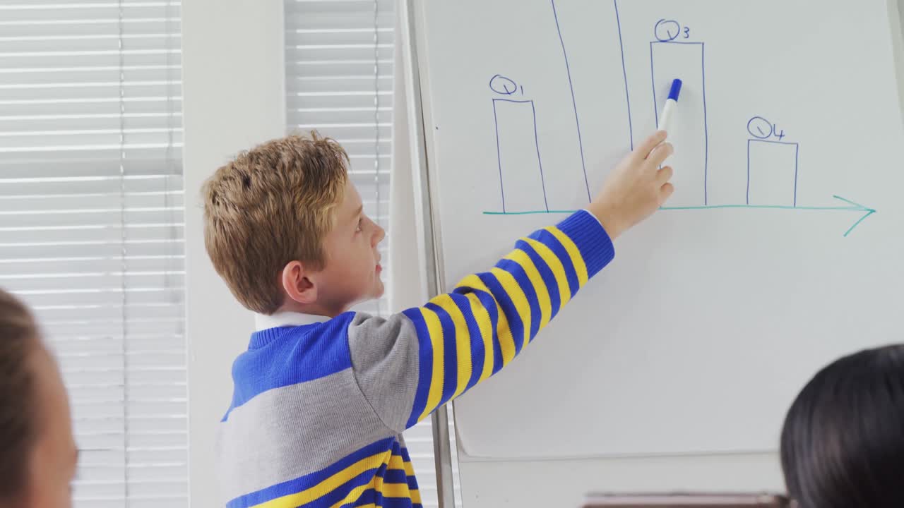 회의실에서 프레젠테이션을 하는 소년 4k