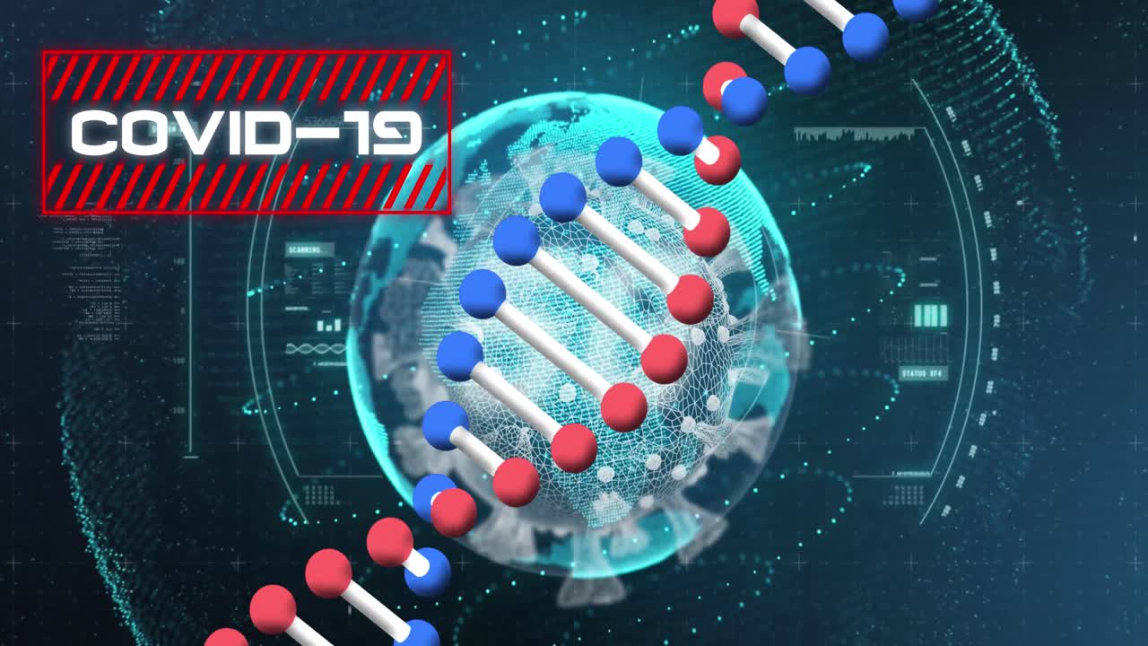Animazione di elaborazione dati e testo COVID-19 su sfondo scuro.