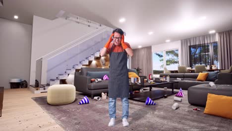 cuerpo lleno de ama de casa masculina asiática con un delantal con un spray y esponja de cocina entonces tener un dolor de cabeza en la casa