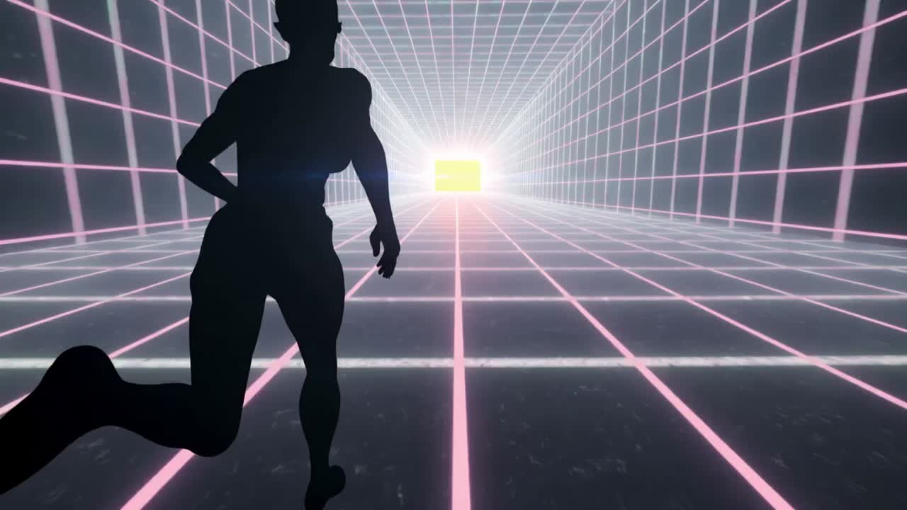 Donna di colore che corre in abbigliamento sportivo in un tunnel al neon, luce gialla incandescente che la spinge in avanti