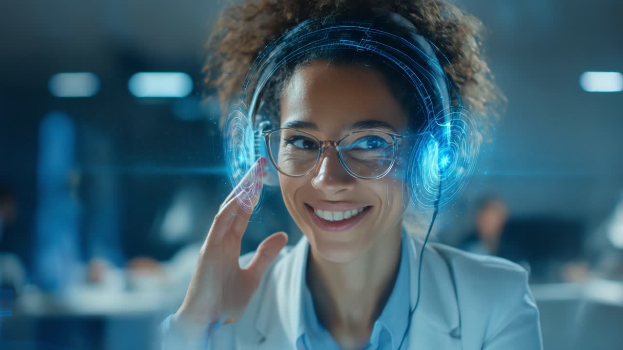 A Young Professional Woman with Curly Hair and Glasses Emotionally Engages While Wearing High-Tech Headphones, Radiating Joy and Connection in a Modern Office Environment