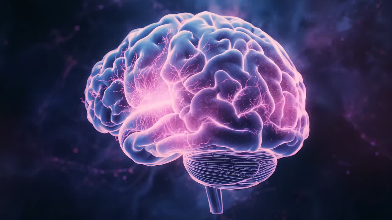 Upon start, rotating 3D brain revealing folds in dark cosmic space, with glowing electric pulses