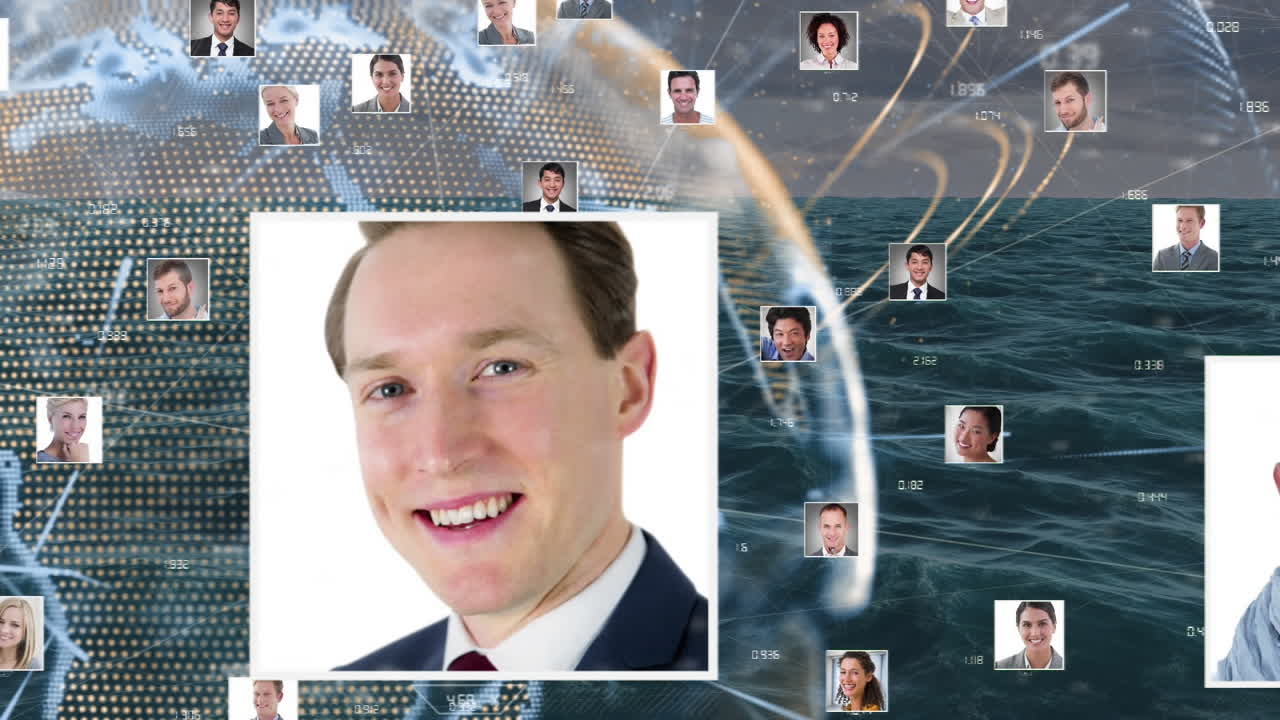 анимация сети соединений над морским пейзажем