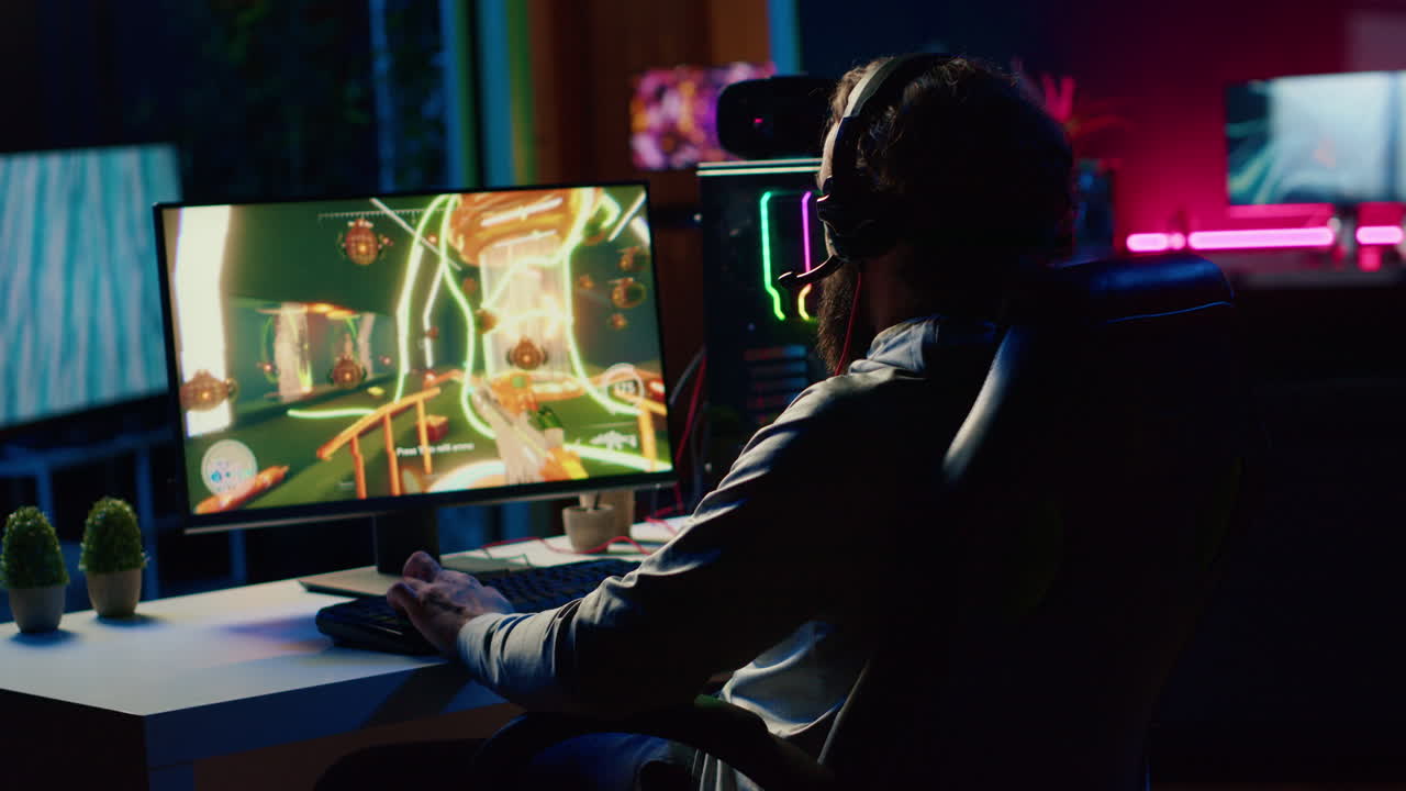 Angry man frustrated after losing science fiction FPS videogame level