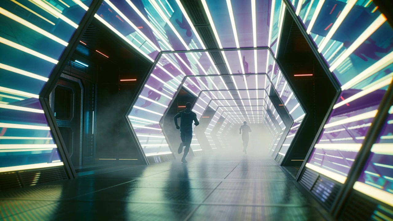 Sprinting lead runner in shorts and short-sleeve shirt charging through hexagonal corridor, LED fog