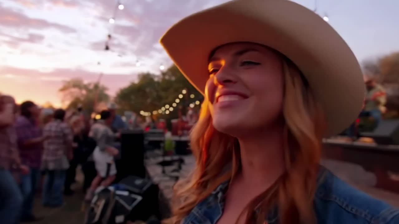 Tomada de vídeo em ângulo baixo de uma mulher sorridente com chapéu de caubói ao pôr do sol, capturando um evento ao ar livre animado.