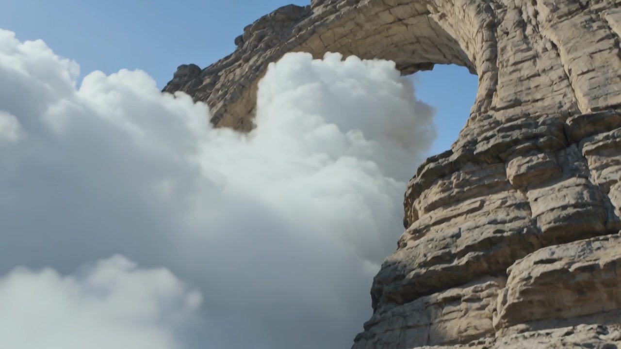 Chute d'un fragment rocheux créant un panache de poussière blanche à travers une arche de grès sur une falaise de canyon, exposant une corniche.