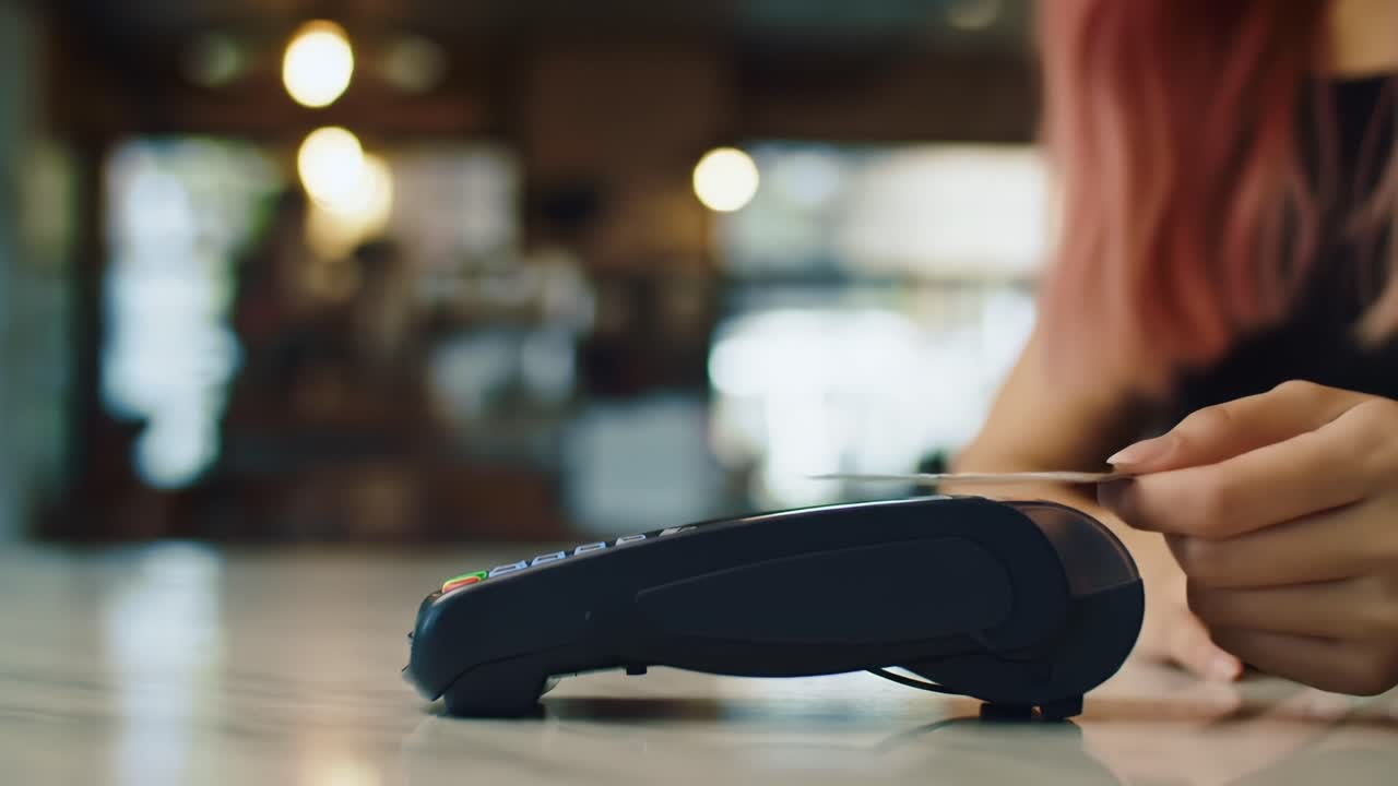 Contactless Payment Process at a Café: A Customer Using a Credit Card on a Payment Terminal with a Modern Payment Method in a Lively Setting
