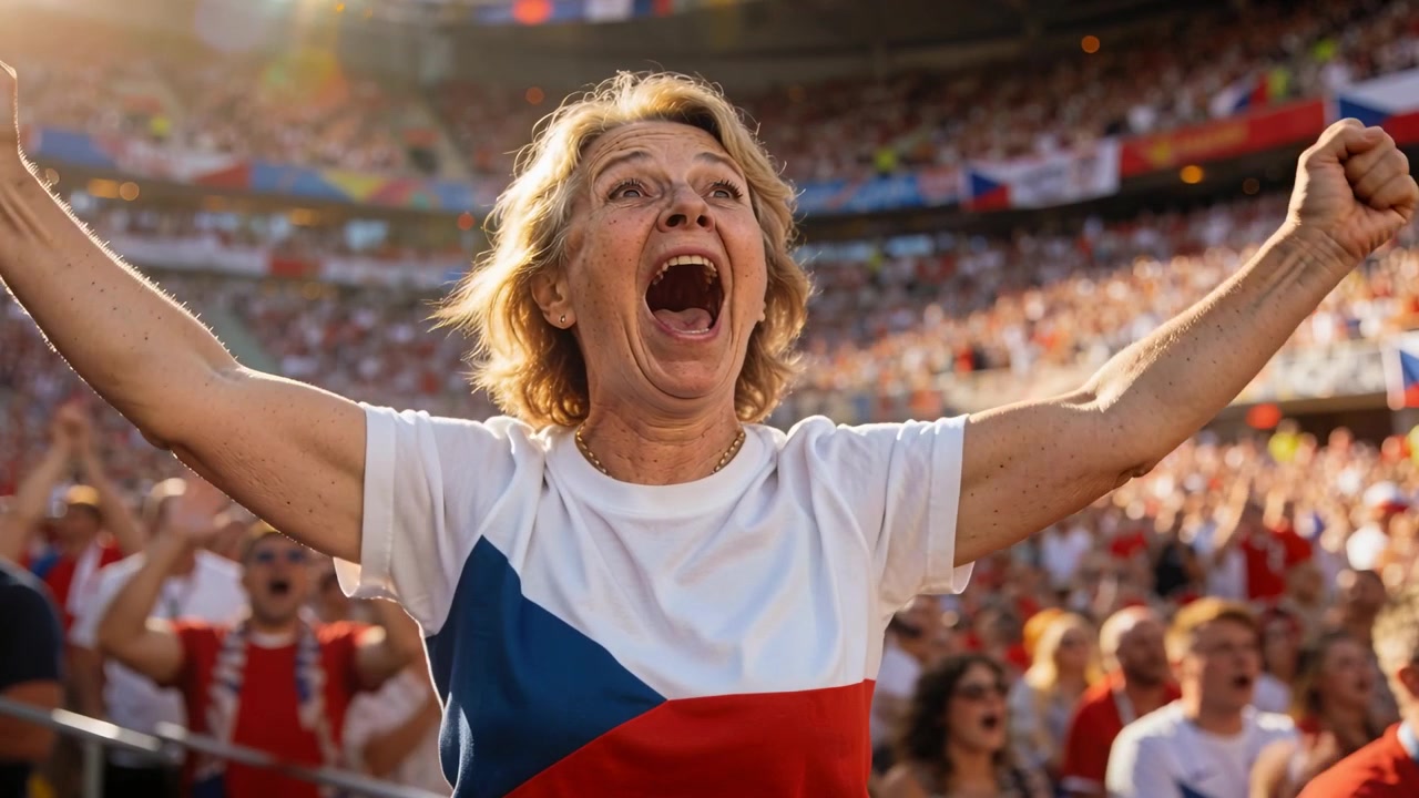 Jublende eldre kvinne i hvit t-skjorte som reagerer på spillet, og hever knyttnevene på stadion med flagg