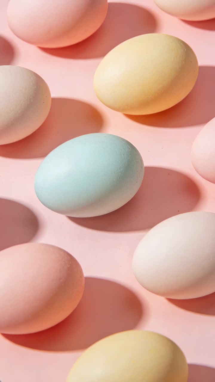 Vertical video: Camera sliding down over pastel eggs on pink tabletop, focusing blue egg for design