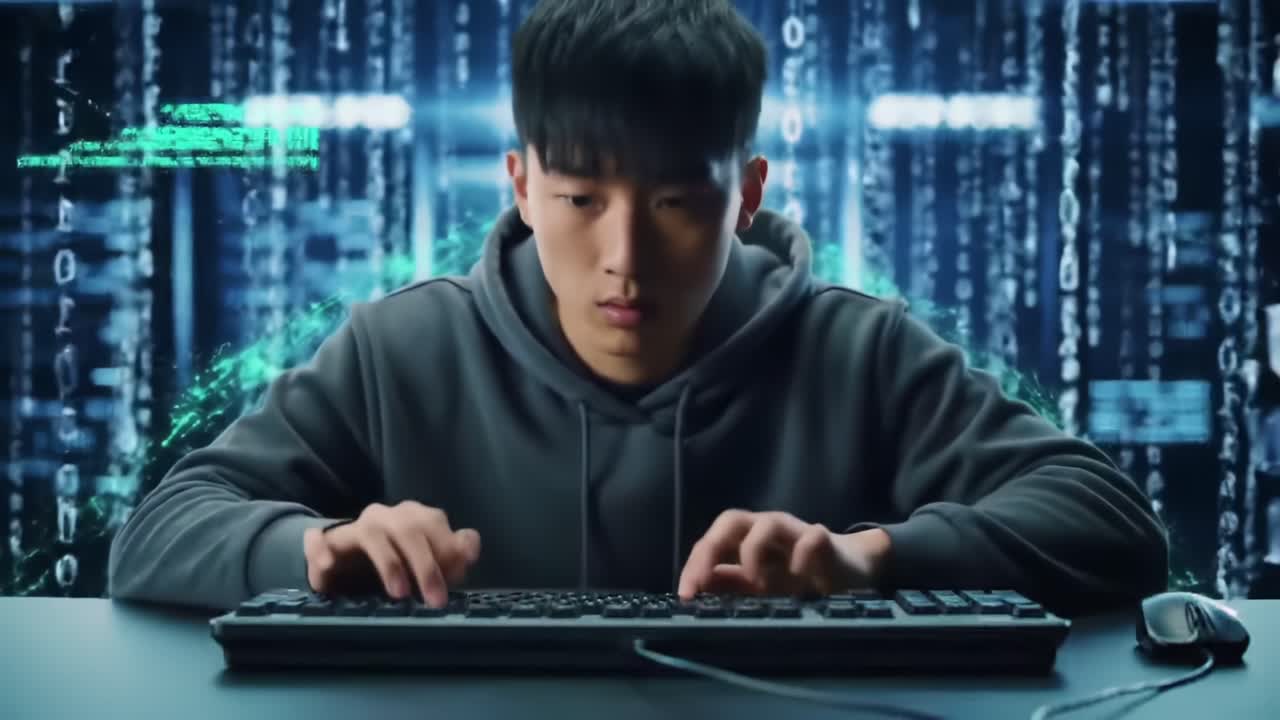 A focused young individual intensely engages in coding or hacking, surrounded by streams of green binary code, illustrating the immersive world of technology and programming