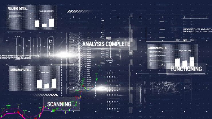 Animation of interface with data processing and light spot against blue background