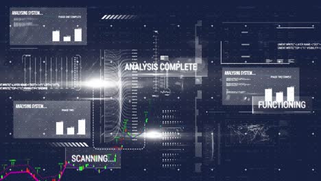 Animation-of-interface-with-data-processing-and-light-spot-against-blue-background