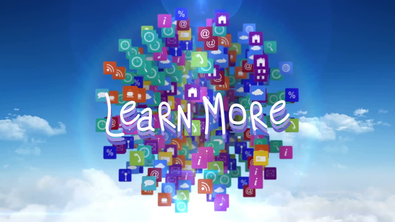 Animation of colorful app icons forming globe shape with Learn More text in sky