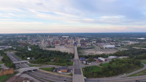 Forward-drone-shot-of-Downtown-Youngstown-on-a-mid-summer-day-in-Youngstown-Ohio