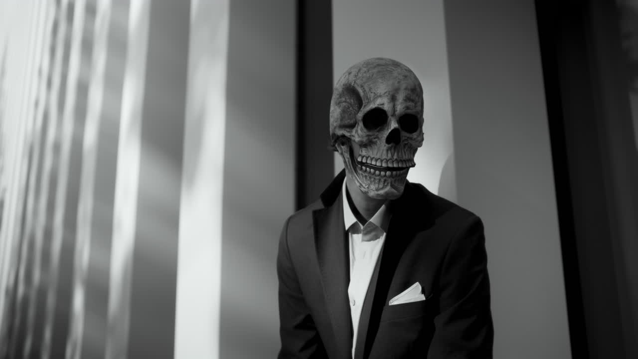 Man in Skull Mask, Black and White Urban Portrait