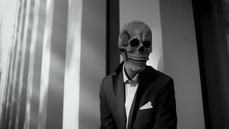 man in skull mask, black and white urban portrait