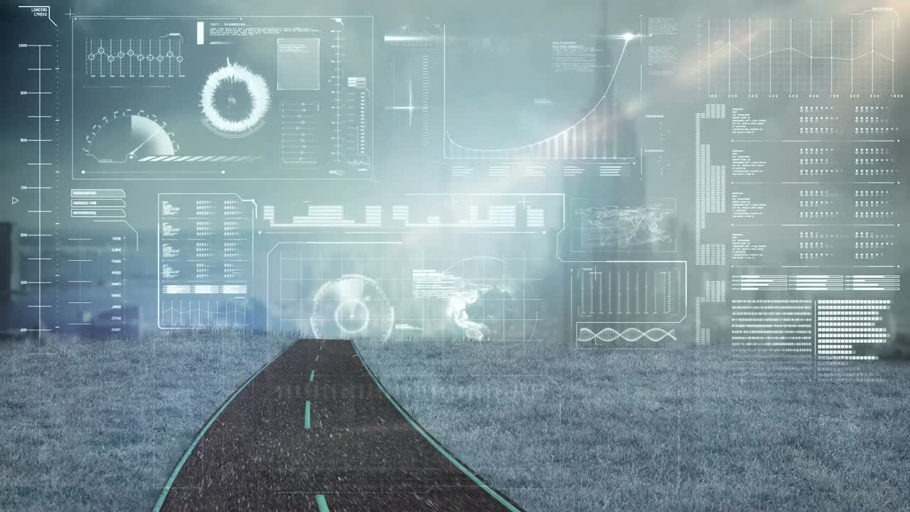 Animation of data processing on digital screen over road and cityscape