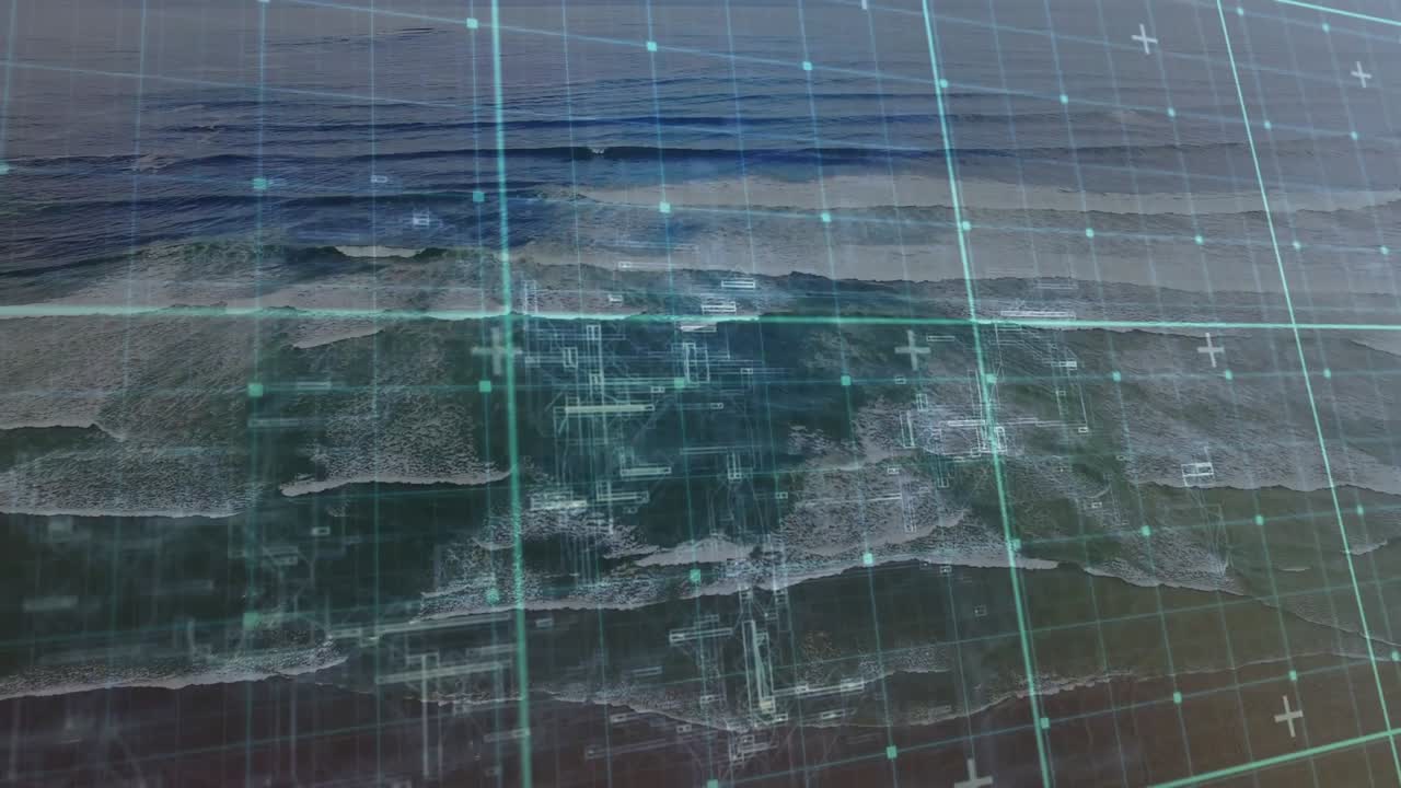 Sensorping initierer en scanning af havoverfladen, og et gennemsigtigt turkist gitter glider og kortlægger brydende bølger.
