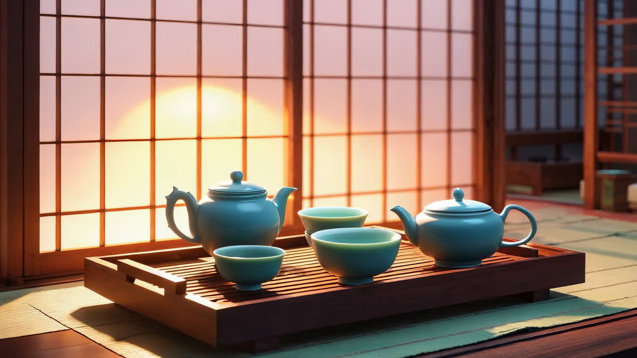 Traditional Tea Set in a Japanese Room at Sunset