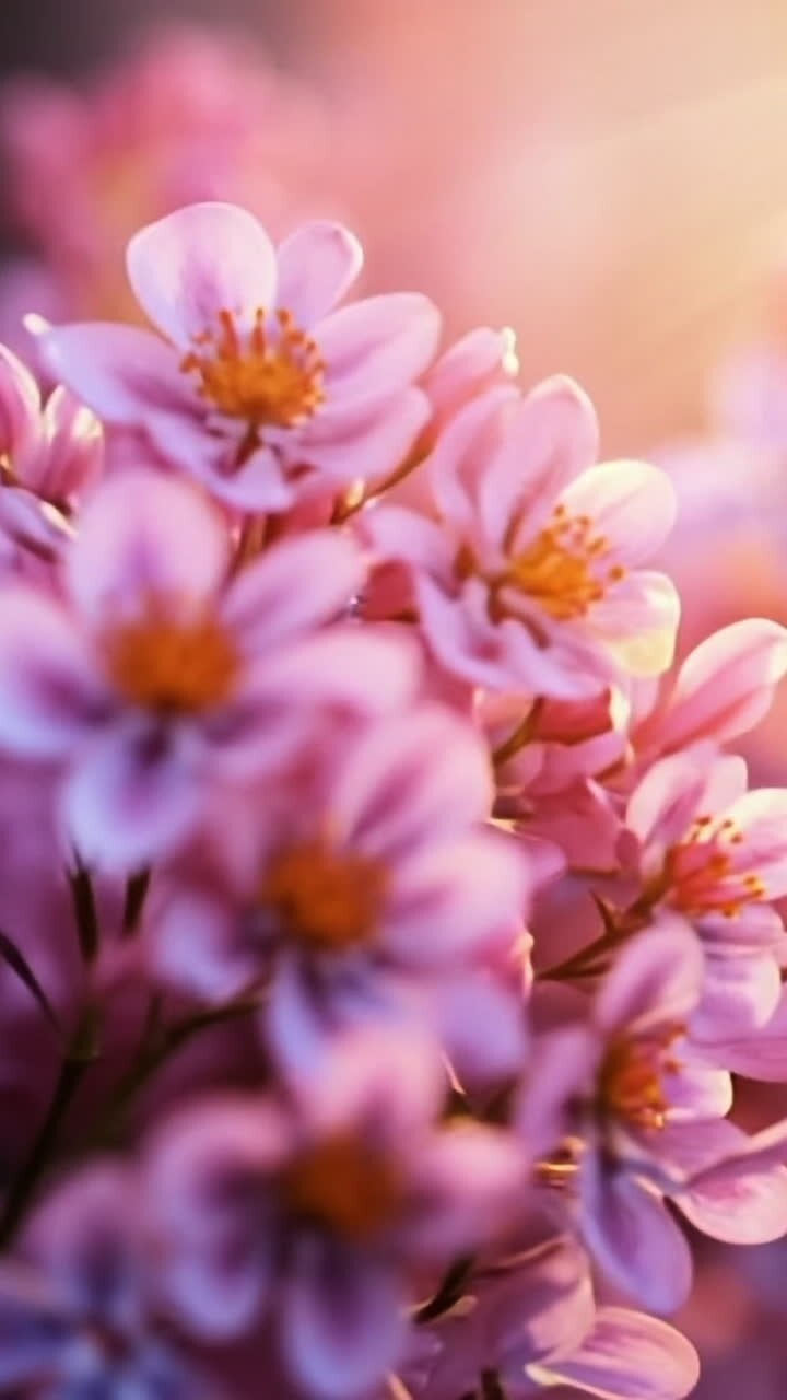Flowers bloom in soft morning light. Delicate pink flowers radiate beauty as the sun rises, creating a serene atmosphere filled with nature's colors.