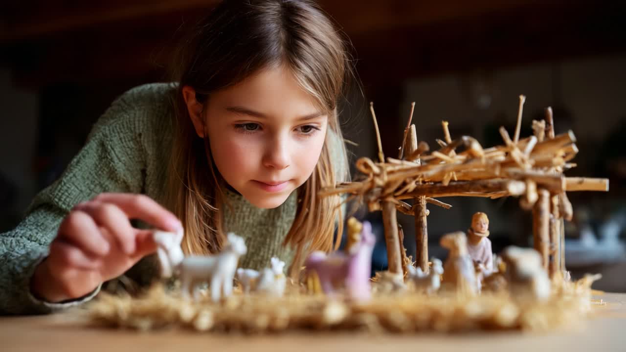 Una bambina intenta a creare un presepe in miniatura con statuette, paglia e una struttura in legno, catturando la gioia dell'immaginazione e della creatività nel gioco