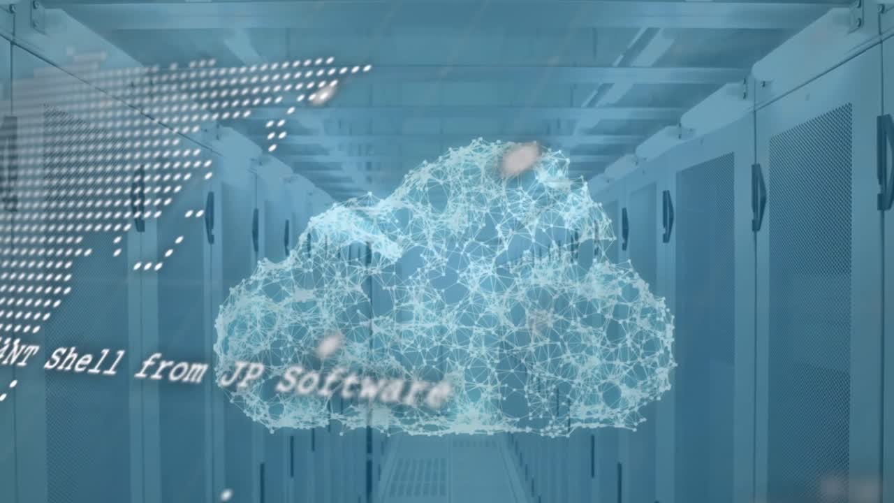 Data processing and world map over cloud of network of connections against computer server room