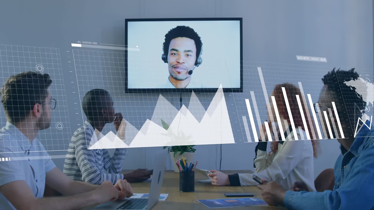 Animation of data processing over diverse business people using phone headsets